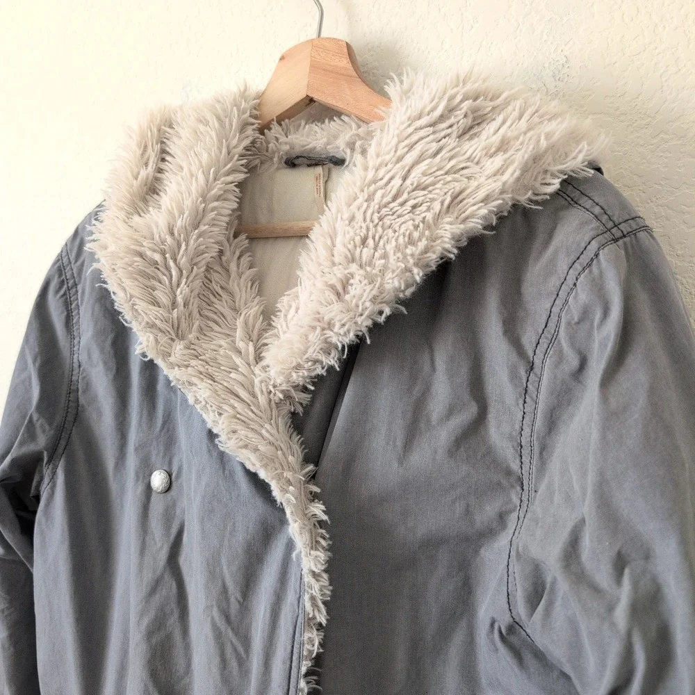 Free People Grey Faux Fur Trim Hooded‎ Parka Jacket Small Oversized Boho Utility